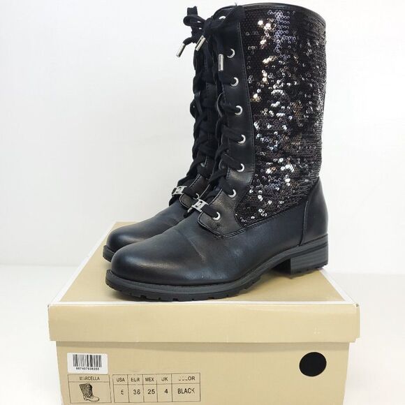 Women’s Michael Kors MARCELLA Black Lace Up Sequin Mid Calf Boots US 5 - Picture 3 of 13